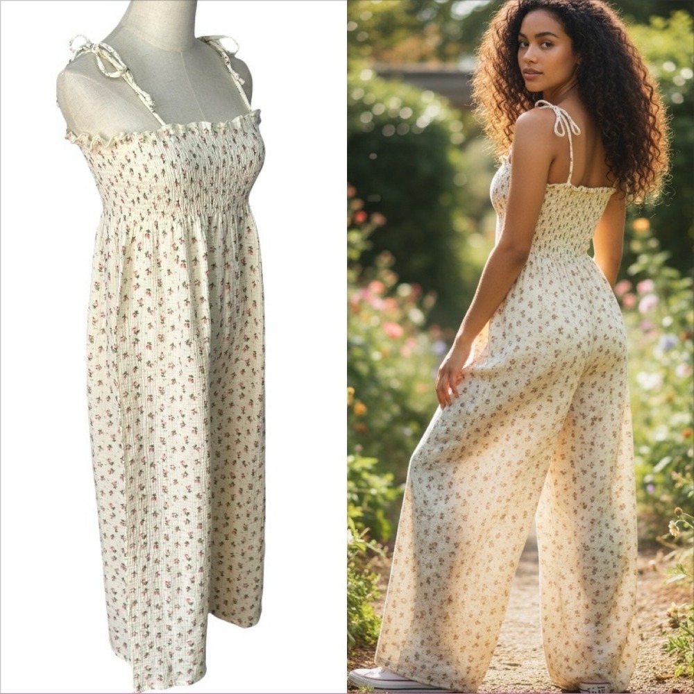 Mable Floral‎ Smocked Gauze Jumpsuit Sz Small Cottage Romantic Vintage Inspired
